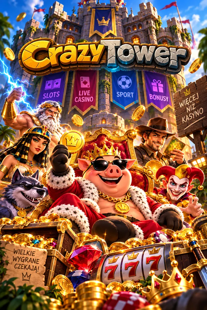 CrazyTower — plakat z zamkiem, sztandarami Slots, Live Casino, Sport i Bonusy oraz napisem „Wielkie wygrane czekają”