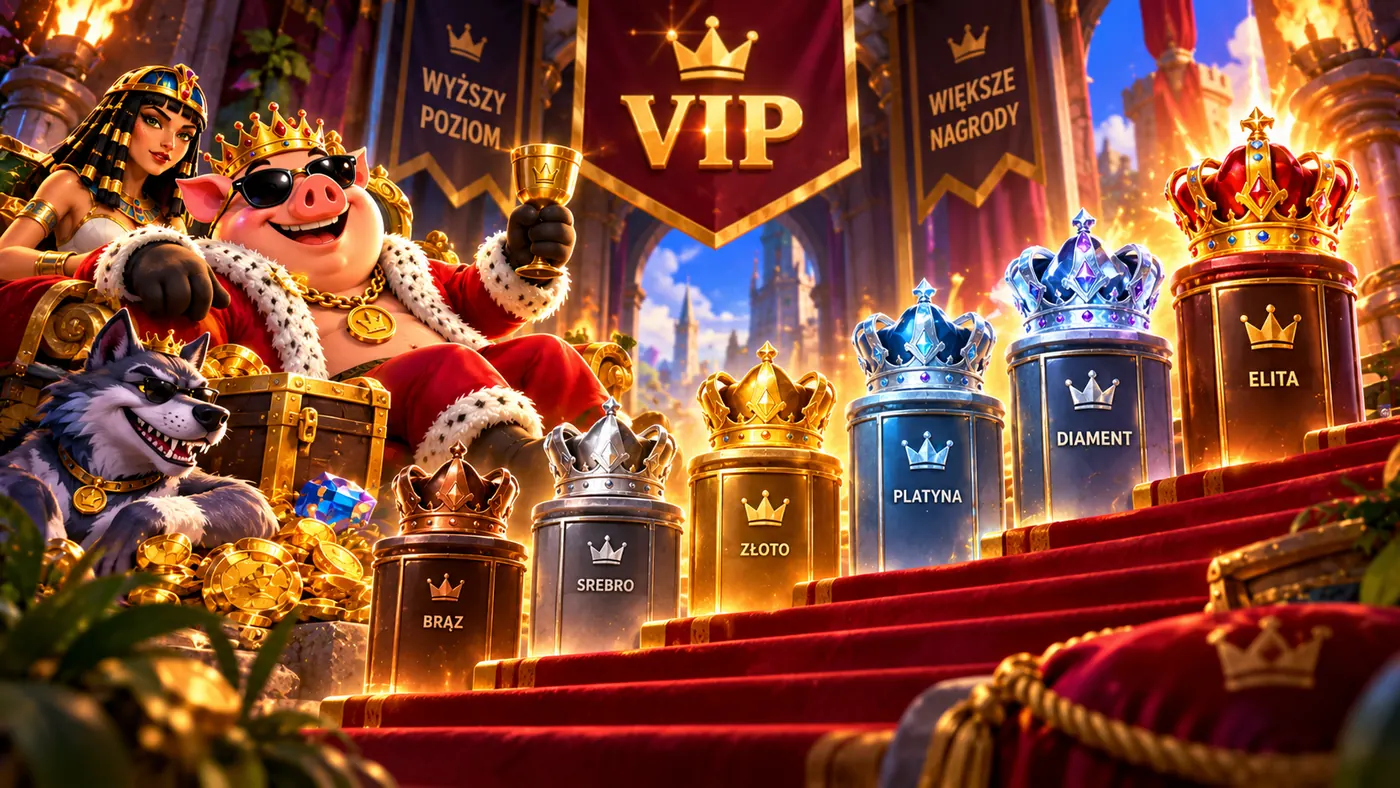 Program VIP CrazyTower — poziomy Brąz, Srebro, Złoto, Platyna, Diament i Elita na tle zamkowej wieży